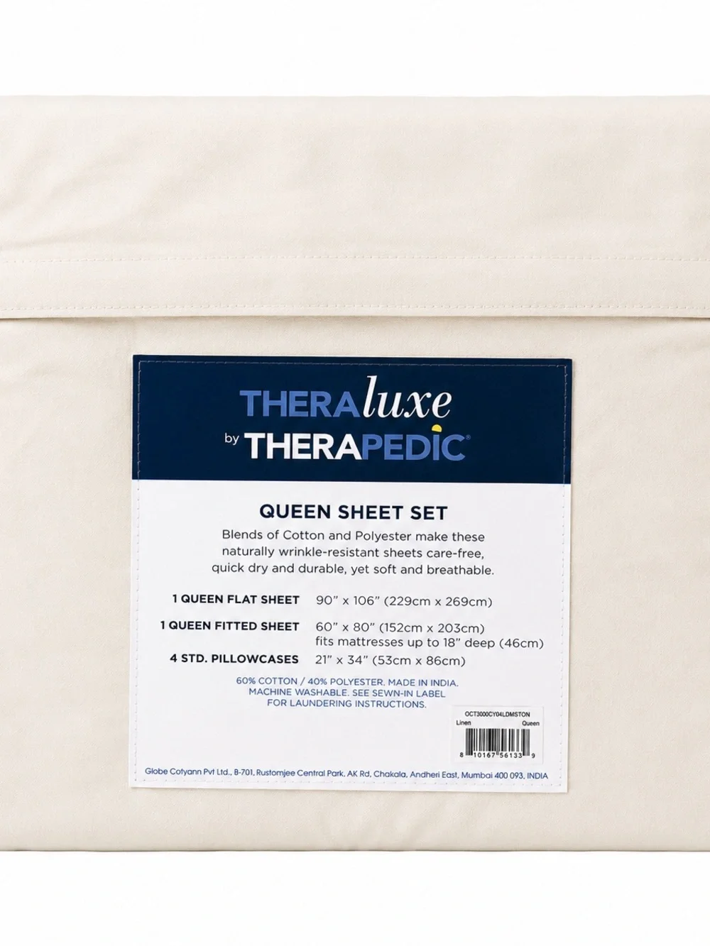 Therapedic THERALuxe Peached Percale 300-Thread Queen Sheet Set - Cream